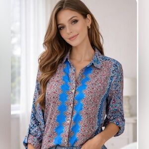 Johnny Was Boho Red Blue Silk Print Blouse S